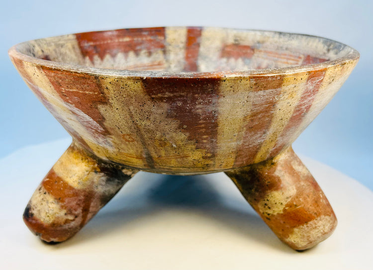 Pre-Columbian West Mexican tripod bowl with painted red and cream striping