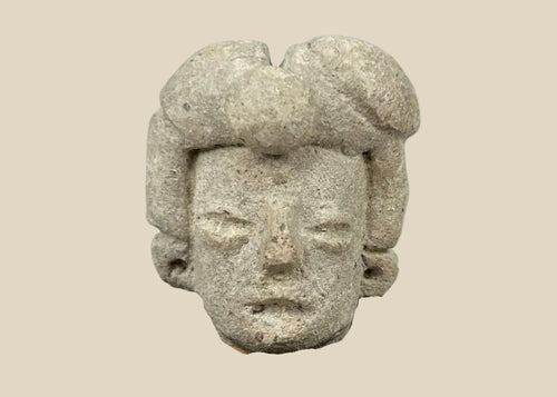 Ancient Pre-Columbian terracotta head fragment from West Mexico, Nayarit/Jalisco shaft-tomb culture, with almond-shaped eyes, straight nose, and stylized coiffure, mounted on a black display base, photographed on a white background.