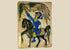 Hand-painted 19th-century Qajar Persian ceramic tile depicting a mounted falconer on horseback in vivid cobalt blue, green, and yellow with crackle glaze.