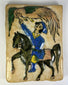 Qajar period Persian ceramic tile depicting a falconry scene in cobalt and green glaze