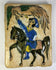 Qajar period Persian ceramic tile depicting a falconry scene in cobalt and green glaze