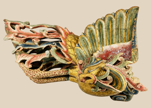 Mid-19th century Chinese carved camphor wood phoenix, detailed plumage with traces of polychrome paint and gilding, symbolizing immortality and prosperity.