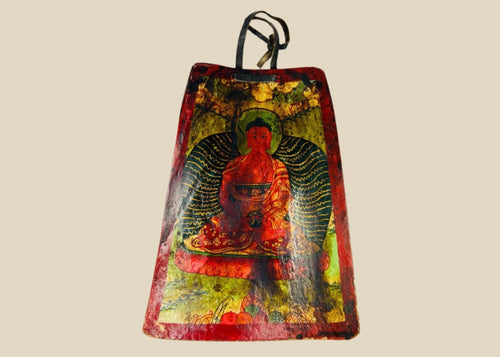 Antique Qing Dynasty Tibetan bone plaque, vividly painted with a seated Buddha in red and gold polychrome, framed by radiant aureole and floral motifs; portable devotional amulet used in Buddhist ritual practice, exhibiting aged surface wear and patina consistent with 19th century craftsmanship.