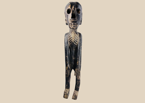 Rapa Nui-inspired moai kavakava hand-carved wooden skeletal figure on display stand