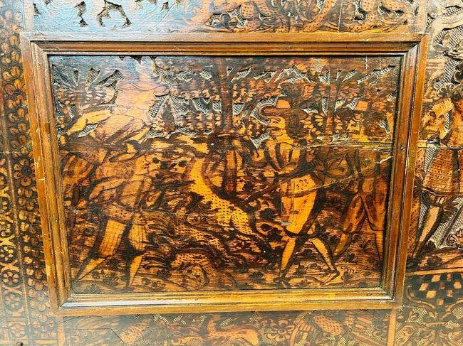 Antique Renaissance wood carving with hunting figures and intricate allegorical detailing, 1500s–1600s.