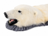 Left-side-profile close-up of an antique polar bear rug head showing the glass eye, black nose, open mouth, teeth, and grey trim.