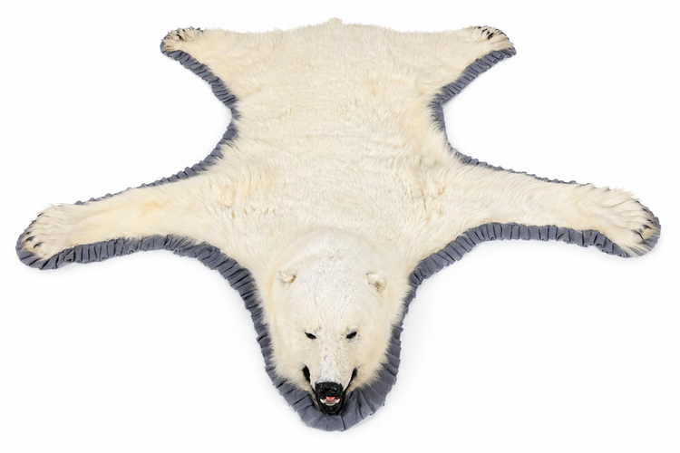 Overhead view of a vintage polar bear taxidermy rug with outstretched legs, natural ivory fur, and grey ruffled trim.