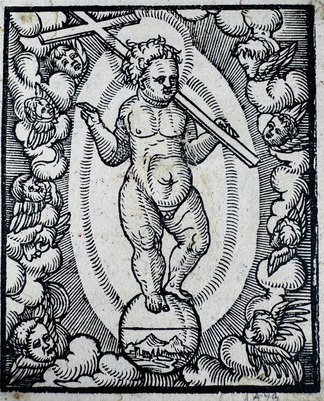 Rare Renaissance-era Christian woodcut print with detailed angelic borders and symbolic religious iconography.