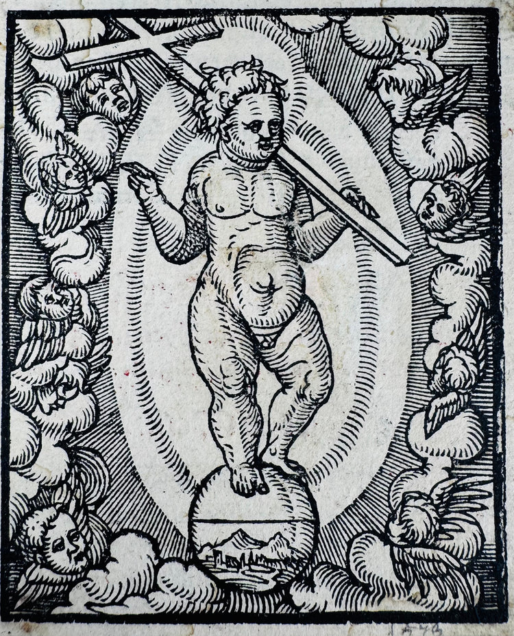 Rare Renaissance-era Christian woodcut print with detailed angelic borders and symbolic religious iconography.