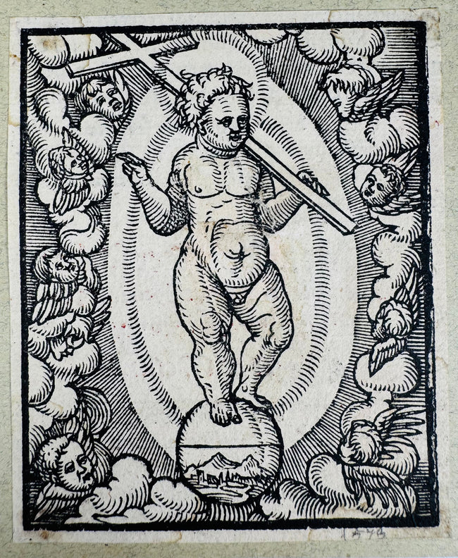 German devotional woodcut showing Christ carrying the Cross of Redemption within a radiant mandorla.