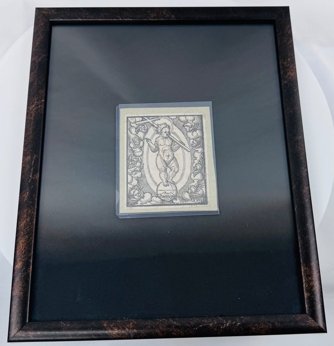 Historic devotional woodcut portraying Christ as Savior of the World carrying the cross above the earthly sphere.