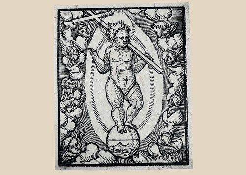 Northern Renaissance woodcut depicting the Christ Child as Salvator Mundi standing upon the terrestrial orb, Germany, circa 1560–1580 CE.
