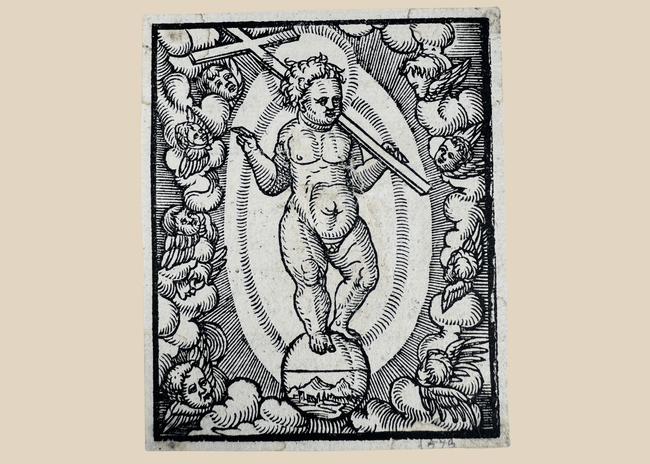 Northern Renaissance woodcut depicting the Christ Child as Salvator Mundi standing upon the terrestrial orb, Germany, circa 1560–1580 CE.