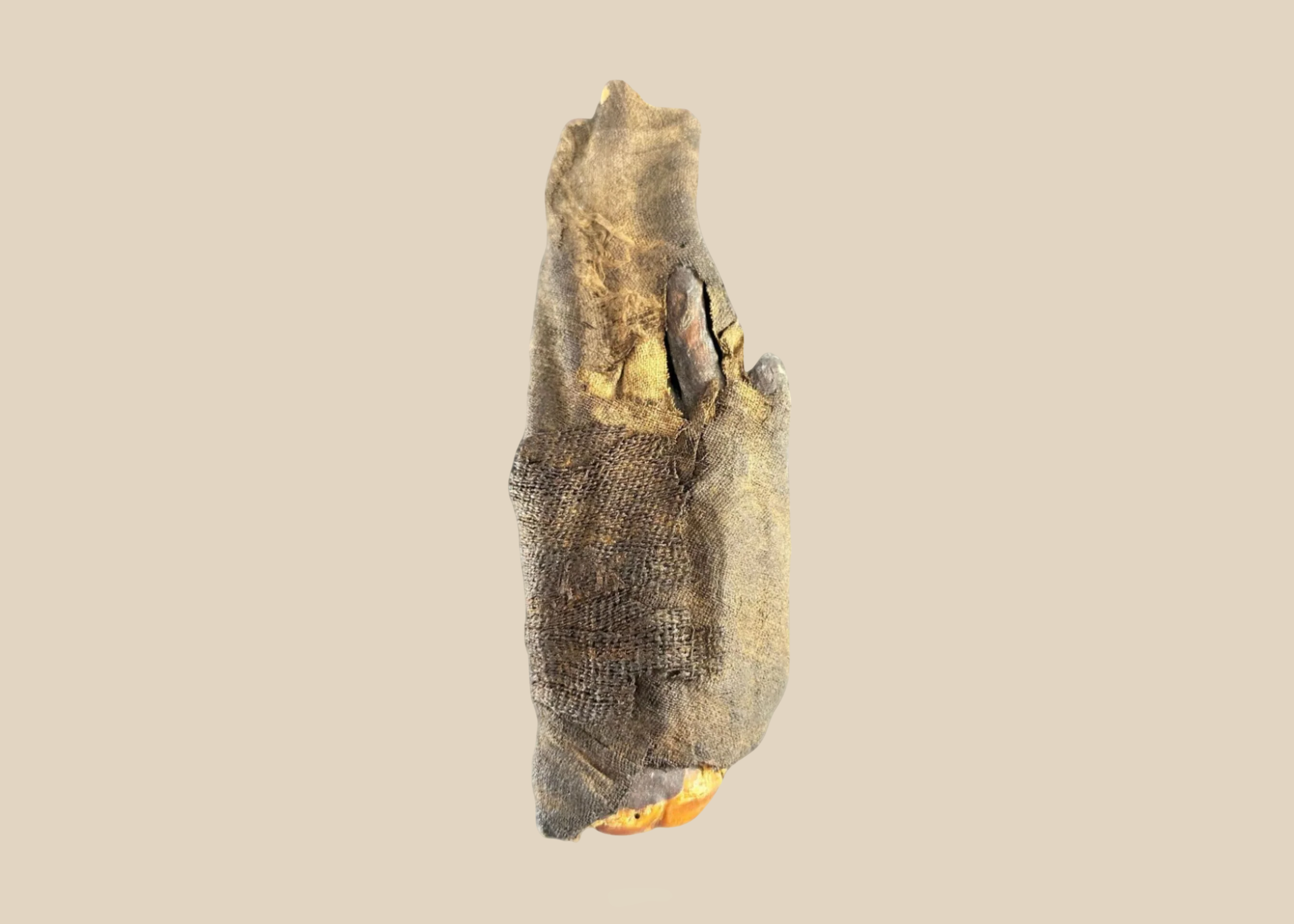 Authentic ancient Egyptian mummified human hand from 700–200 BCE, preserved with linen wrappings and visible desiccation, displayed on a beige background.
