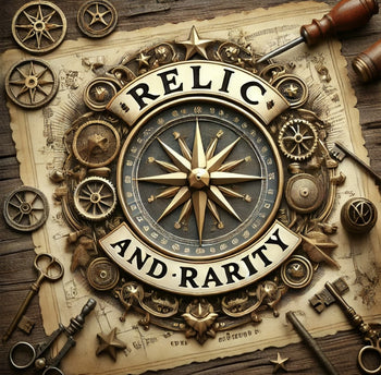 Decorative design with compass, keys, and 'Relic and Rarity' text on a wooden background.