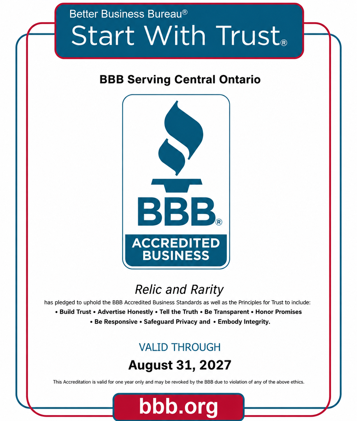 Better Business Bureau Accredited Business certificate for Relic & Rarity, serving Central Ontario and valid through August 31, 2027.