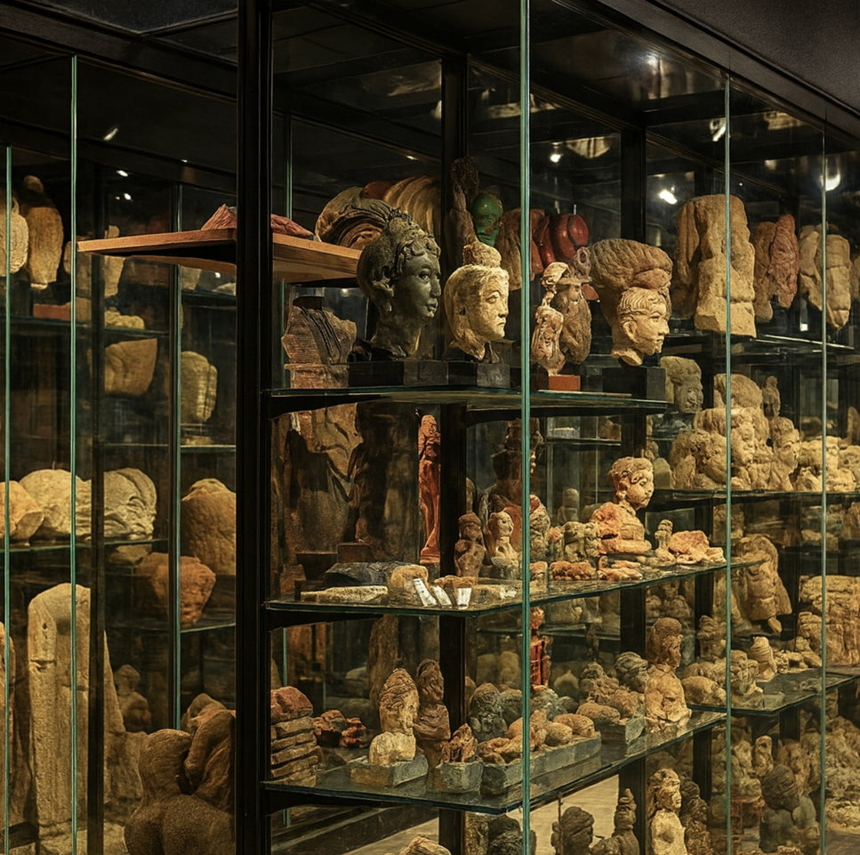 Relic & Rarity museum display featuring ancient stone and terracotta head sculptures arranged in glass cases under warm lighting.