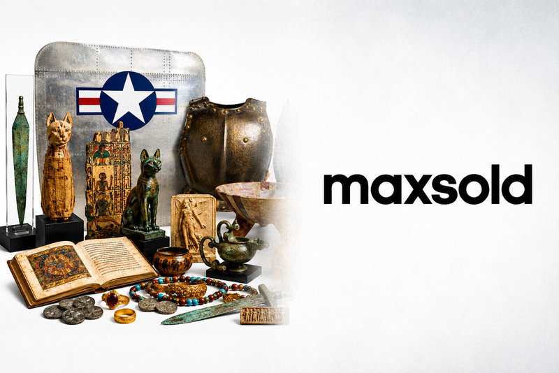 Relic & Rarity artifacts displayed beside the MaxSold logo, featuring ancient Egyptian figures, archaeological artifacts, antique jewelry, coins, manuscripts, armor, and historical collectibles from a recent online auction partnership.