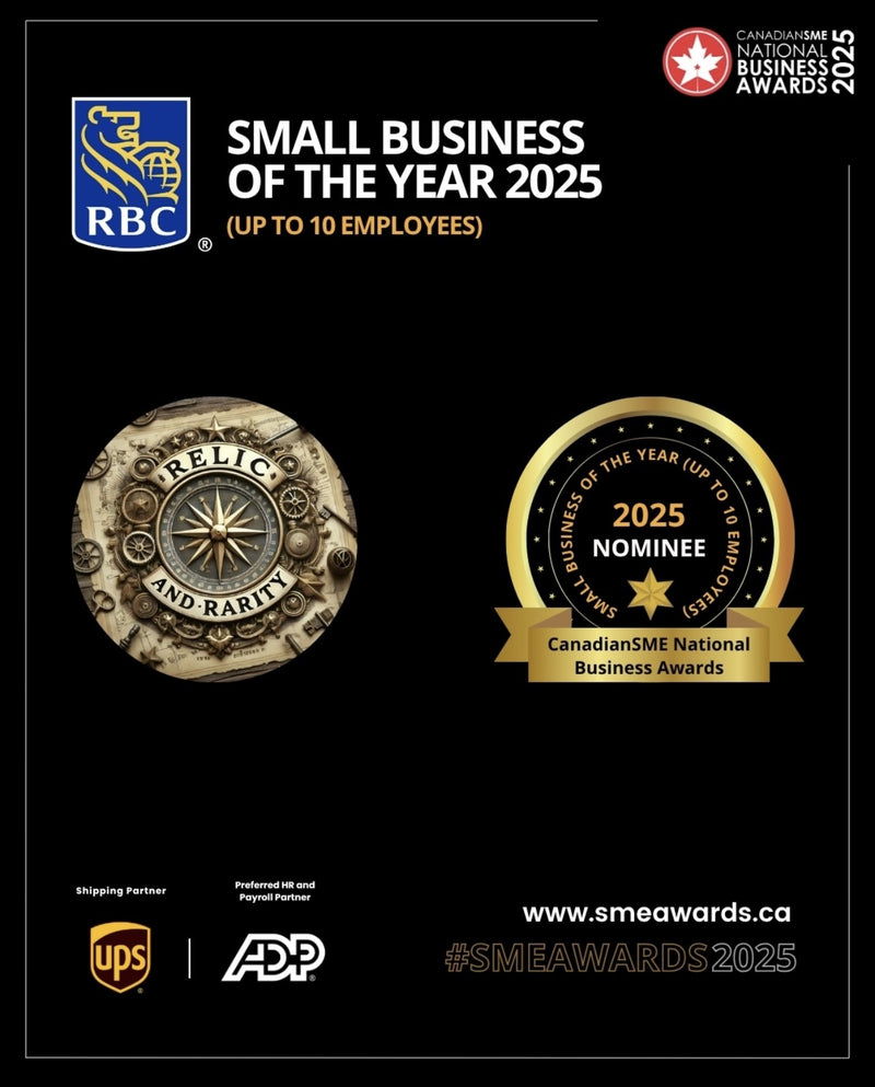 Official nomination poster for Relic and Rarity as an RBC Small Business of the Year 2025 finalist (up to 10 employees), featuring the company’s compass emblem and gold award badge.