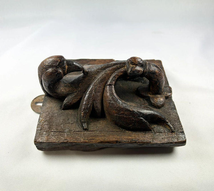 European Renaissance carved wood panel showing the Pelican in Her Piety, zoomorphic scrollwork and aged patina