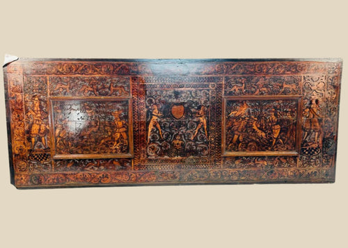 Monumental Renaissance carved wood panel, circa 1500s–1600s, with heraldic coat of arms, allegorical figures, stag hunt, and grotesque borders. Hand-carved hardwood with rich patina, originally from a noble or ecclesiastical interior.