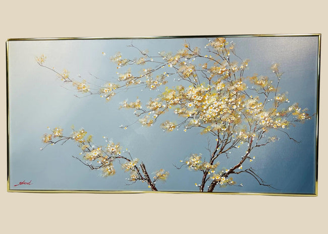 Original oil painting on canvas by Roland Patros, depicting a blossoming tree with delicate white and yellow flowers on twisting branches against a soft gradient blue background, mid–late 20th century.