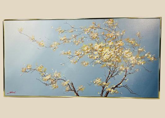 Original oil painting on canvas by Roland Patros, depicting a blossoming tree with delicate white and yellow flowers on twisting branches against a soft gradient blue background, mid–late 20th century.