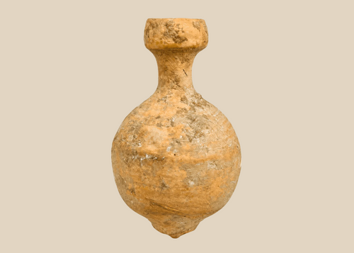 Ancient Roman terracotta oil vessel with globular body and mineral encrustation