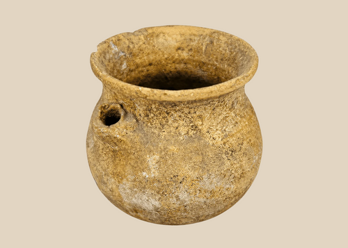 Ancient Roman terracotta vessel with pierced side lug and aged patina, Roman Imperial Period