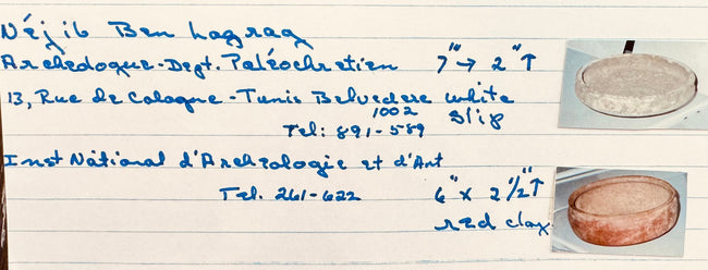 Original handwritten collection inventory card documenting the Roman North African terracotta bowl from the McMillan Collection.
