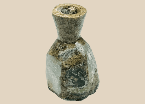 Ancient Roman green glass unguentarium with heavy iridescence and mineral deposits