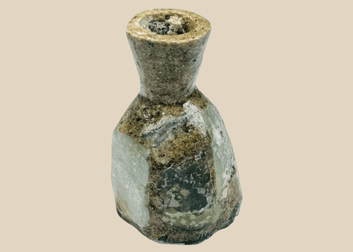 Ancient Roman green glass unguentarium with heavy iridescence and mineral deposits