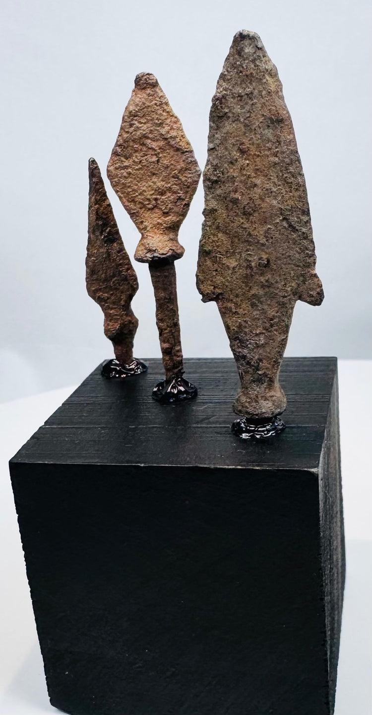 Ancient iron javelin, bolt, and arrow points with extensive archaeological corrosion