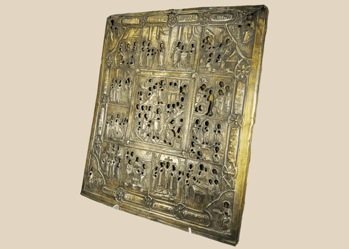 Russian Orthodox icon with metal oklad depicting Resurrection and multiple religious scenes