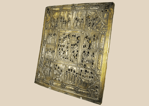 Russian Orthodox icon with metal oklad depicting Resurrection and multiple religious scenes