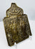 Cast bronze Russian Orthodox icon panel with geometric borders, religious figures, and aged dark patina.