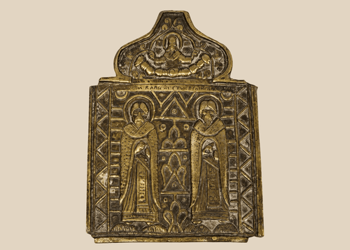 Russian Orthodox bronze travel icon panel depicting Saints Blaise and Athanasius beneath Christ enthroned, circa 1850–1890.