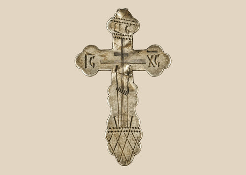 Russian Orthodox engraved silver cross, late 19th century, 84 zolotnik (.875) silver, IC XC inscriptions, Golgotha base, scalloped trefoil terminals, 1.5 x 1 inches