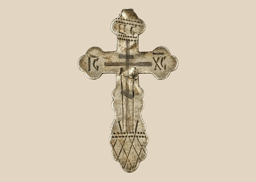 Antique Russian Orthodox silver devotional cross with engraved crucifix and trefoil terminals