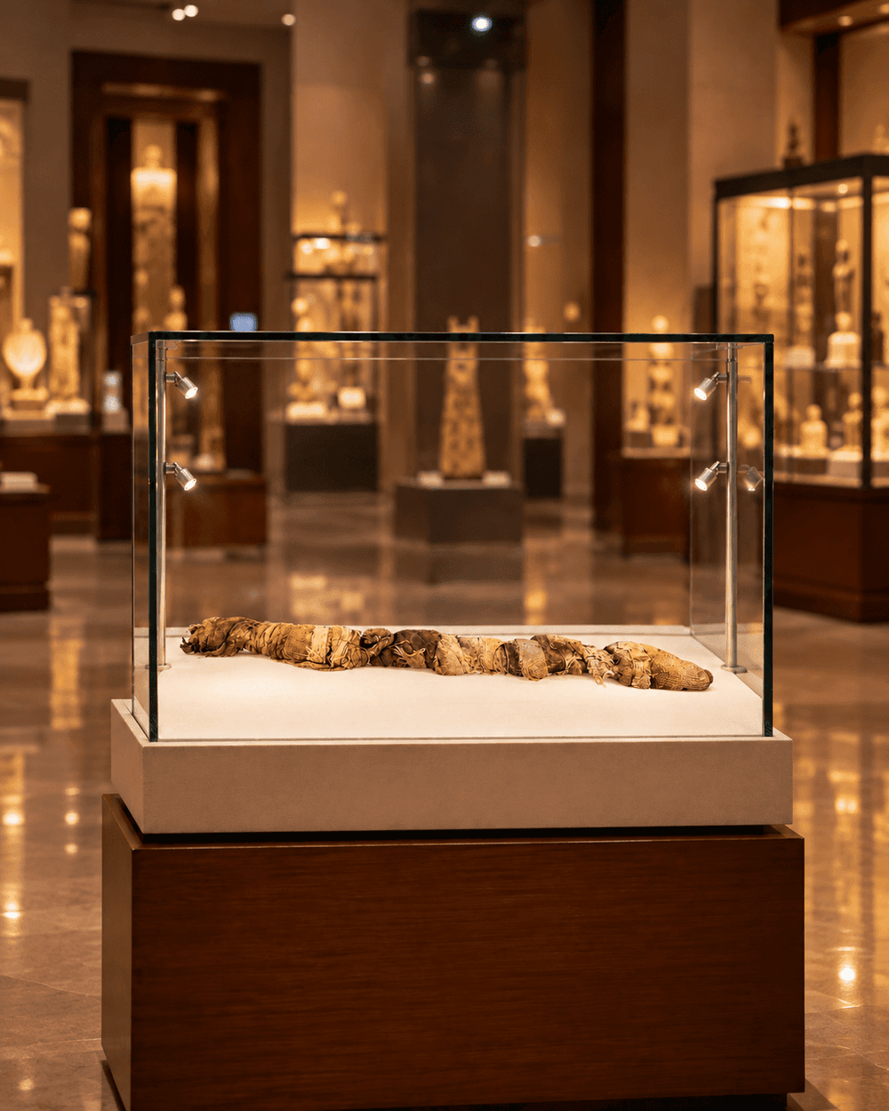 Ancient Egyptian juvenile crocodile mummy displayed in a glass case inside a warmly lit museum-style Relic & Rarity gallery.