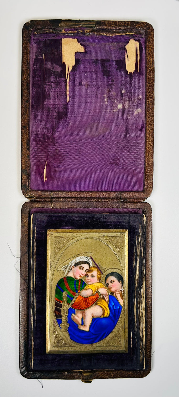19th century enamel religious plaque with Madonna and Child