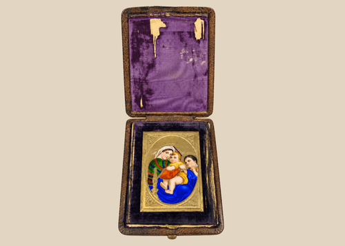Antique enamel Madonna and Child devotional miniature in leather case