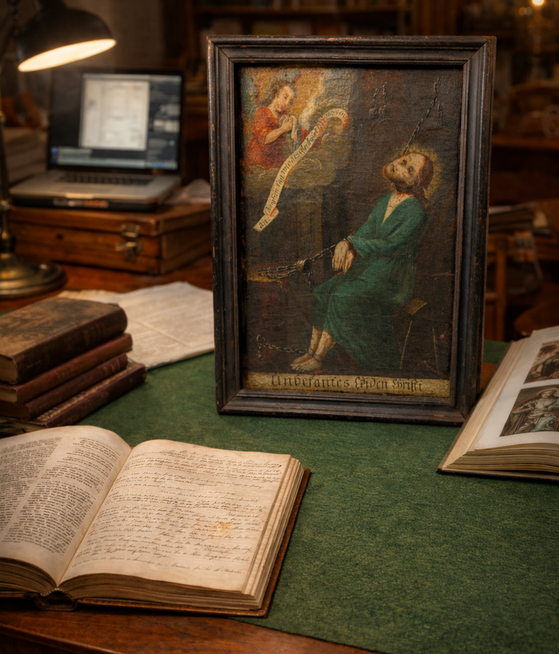 Ancient artifact authentication study with historical painting, research books, and digital analysis workstation at Relic & Rarity.