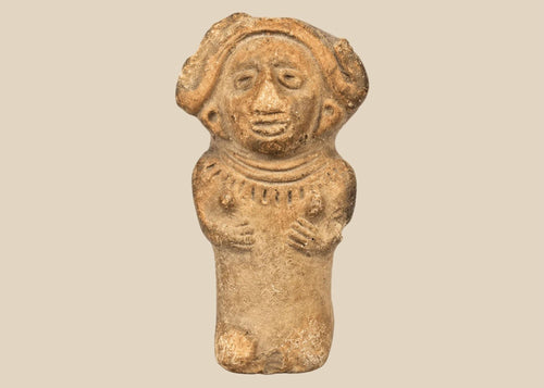 Ancient Veracruz terracotta figurine of a seated female with flaring headdress, almond-shaped eyes, and necklace, circa 600–900 CE, Late Classic period, mounted on black display base.