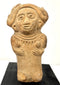 Pre-Columbian Veracruz seated female figurine displaying defined breasts, raised hands, and a decorative pectoral collar.