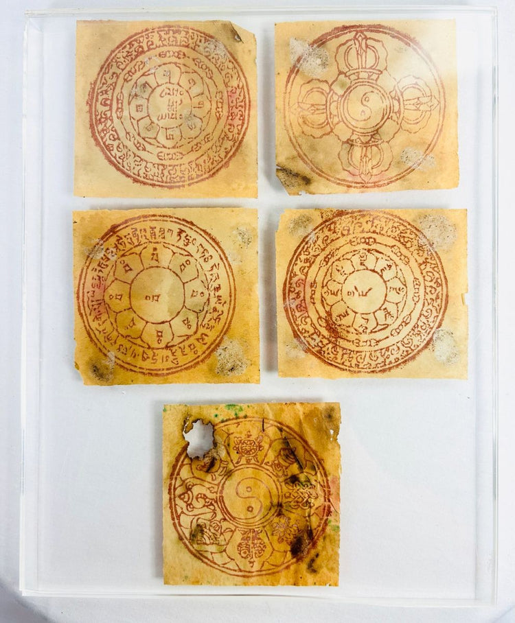 Five circular Tibetan astrological yantras hand-printed in red ink on traditional handmade paper, featuring lotus petals, Eight Auspicious Symbols, and yin-yang motifs, mounted in a modern acrylic display panel, circa 1800s–early 1900s, Tibet/Himalayan Plateau.