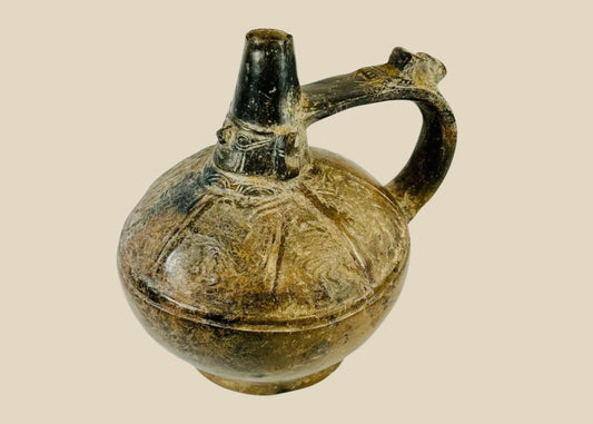 Small Sicán blackware ceramic bottle from Lambayeque Valley, Peru, 5.5 x 6 inches, burnished surface with elegant form, ritual and ceremonial artifact from 750–1375 A.D.
