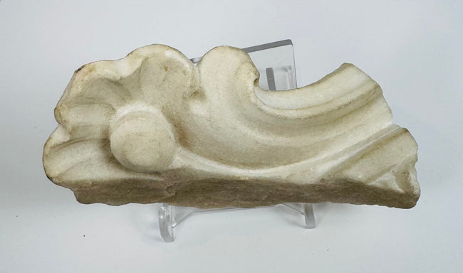 18th-century Sicilian marble altar fragment with scrolling volutes and decorative rosette motif.