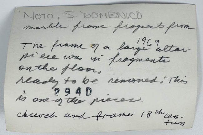 Reverse of provenance postcard with handwritten notes relating to the San Domenico marble fragment and its discovery.