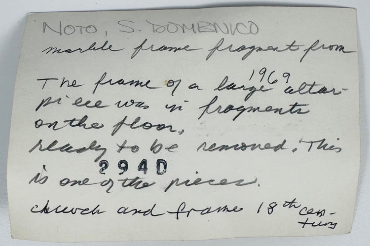 Reverse of provenance postcard with handwritten notes relating to the San Domenico marble fragment and its discovery.